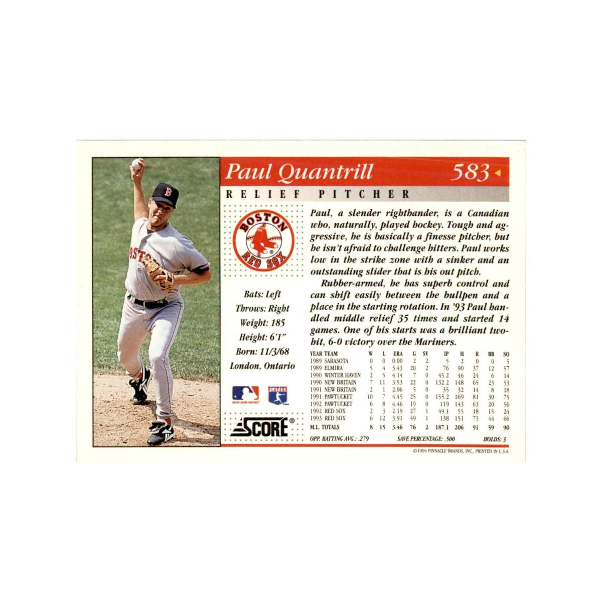 1994 Score Paul Quantrill Baseball Cards #583