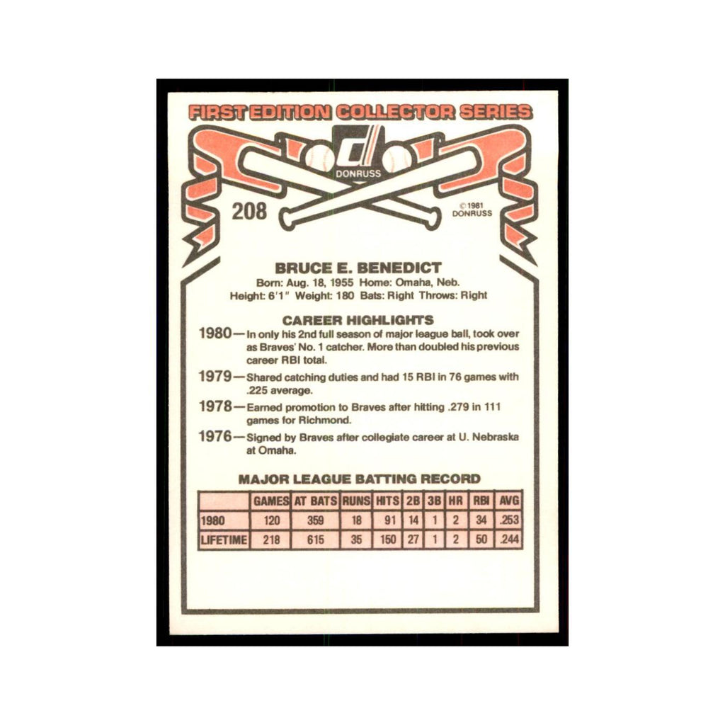 1981 Donruss Bruce Benedict Baseball Cards #208.0