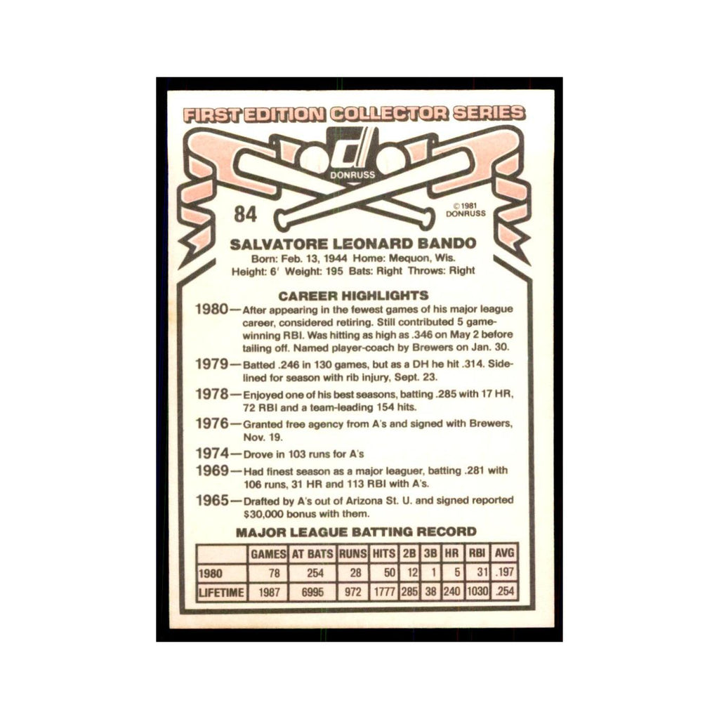 1981 Donruss Sal Bando Baseball Cards #84.0
