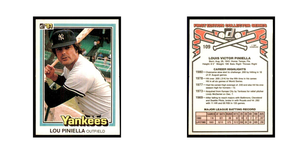 1981 Donruss Lou Piniella Baseball Cards #109