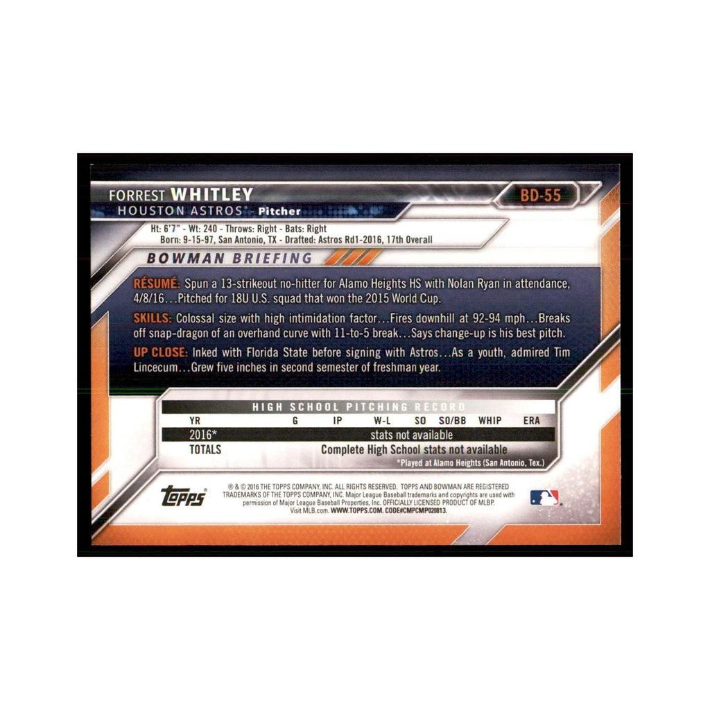 2016 Bowman Forrest Whitley Baseball Cards #BD-55