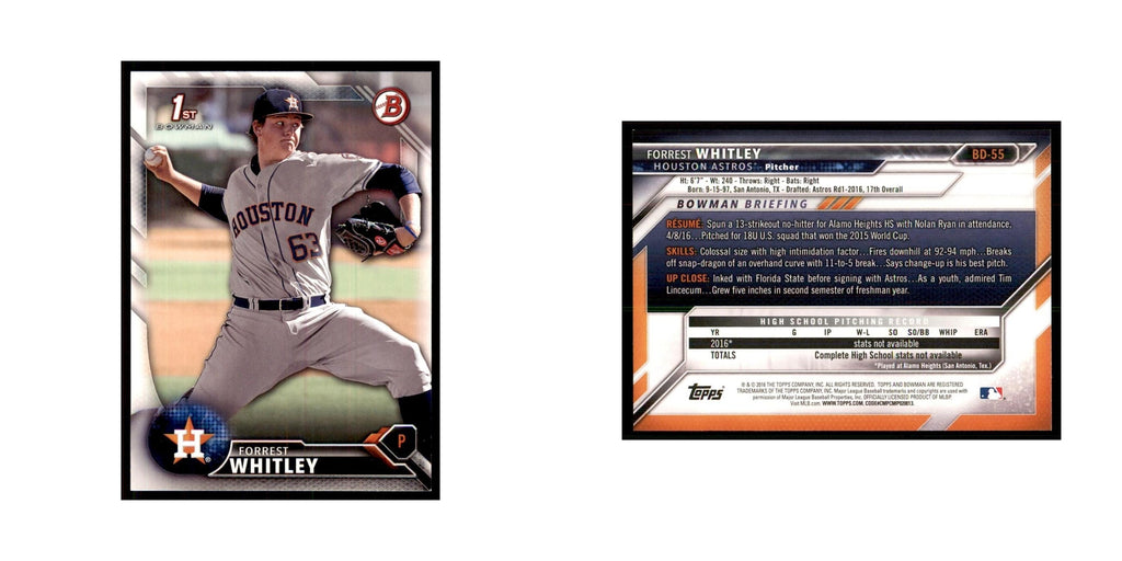 2016 Bowman Forrest Whitley Baseball Cards #BD-55