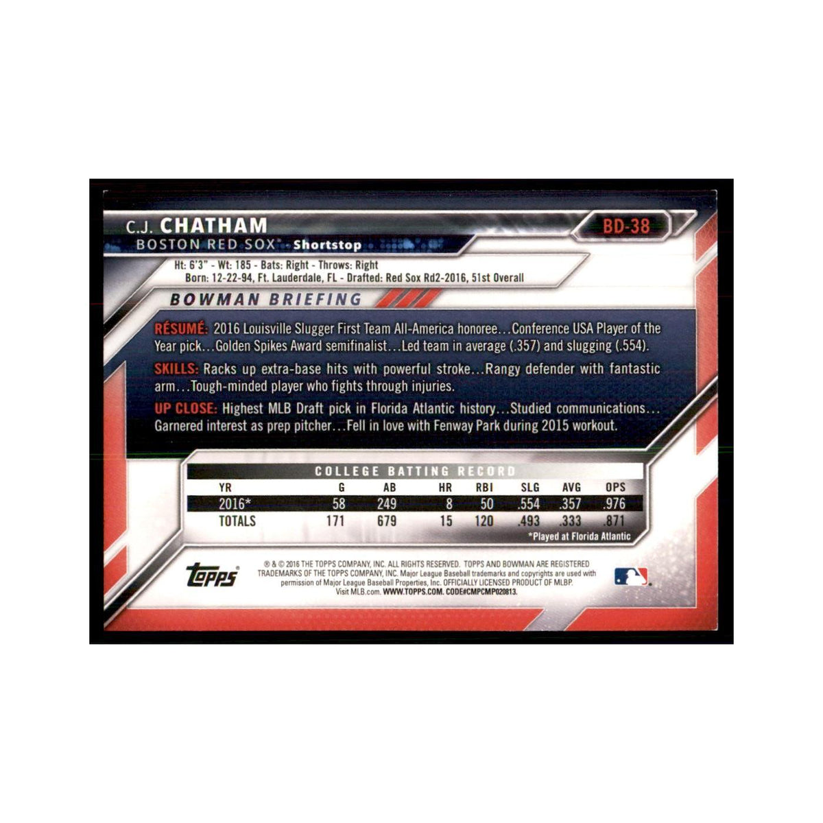 2016 Bowman C.J. Chatham Baseball Cards #BD-38