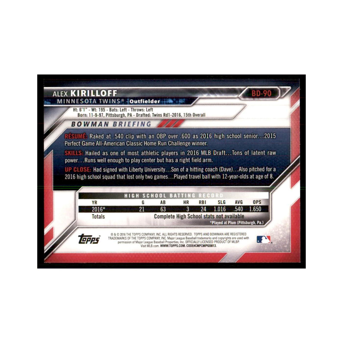 2016 Bowman Alex Kirilloff Baseball Cards #BD-90