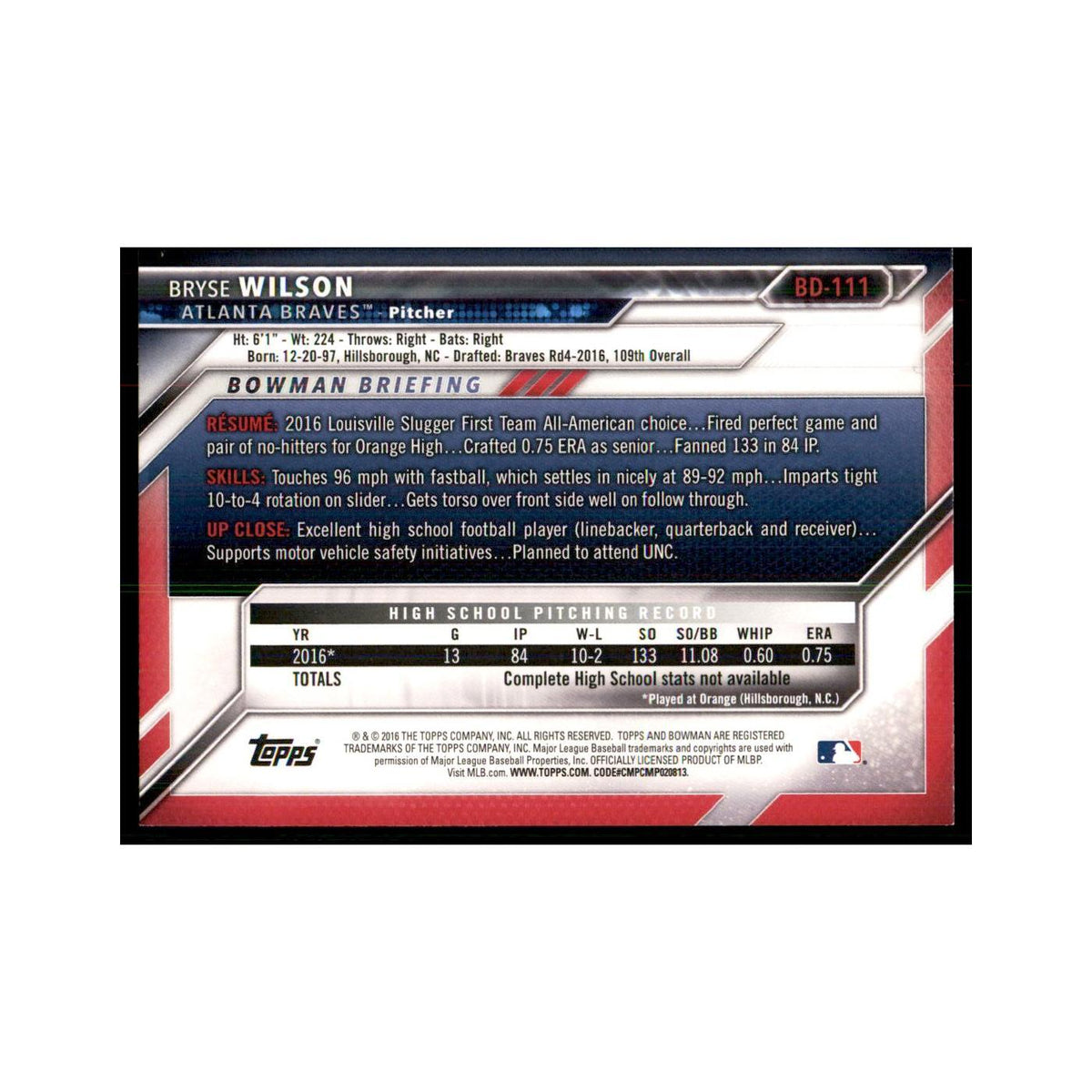 2016 Bowman Bryse Wilson Baseball Cards #BD-111