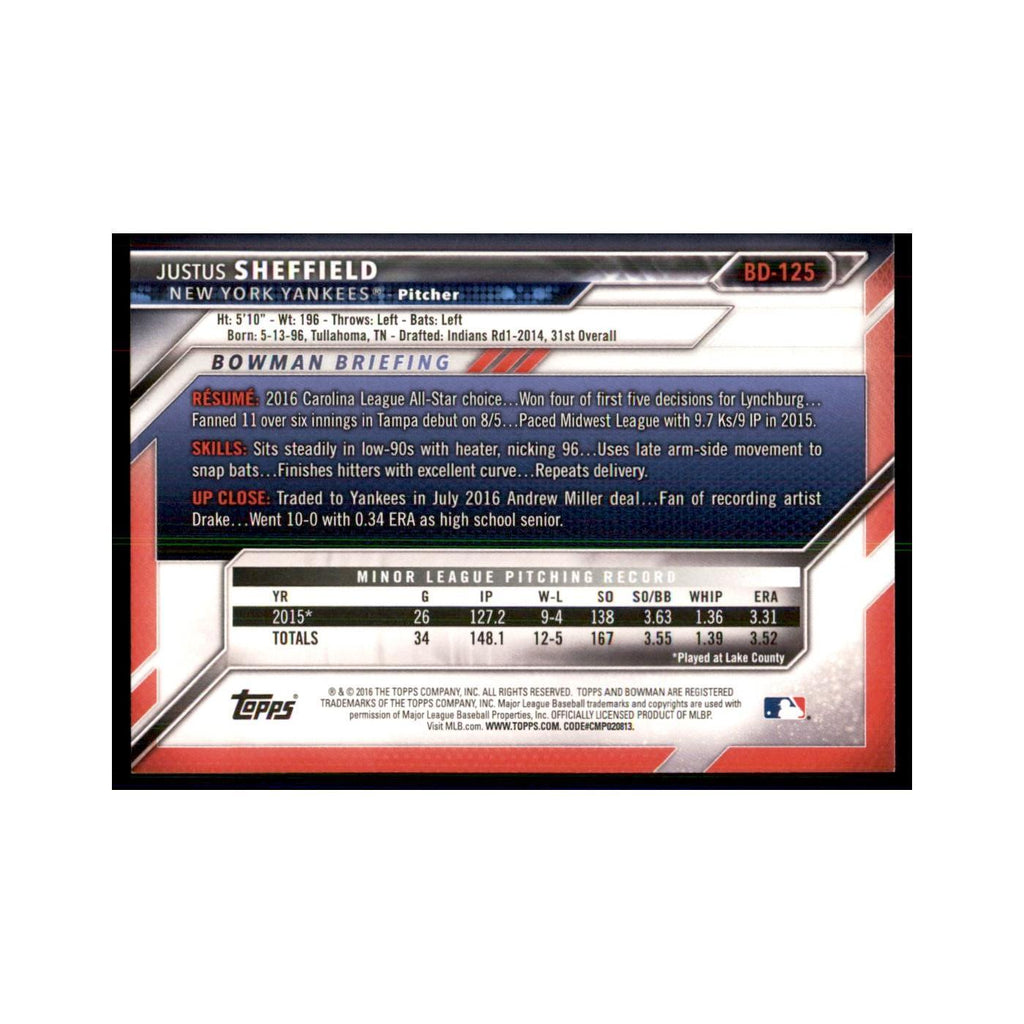 2016 Bowman Justus Sheffield Baseball Cards #BD-125
