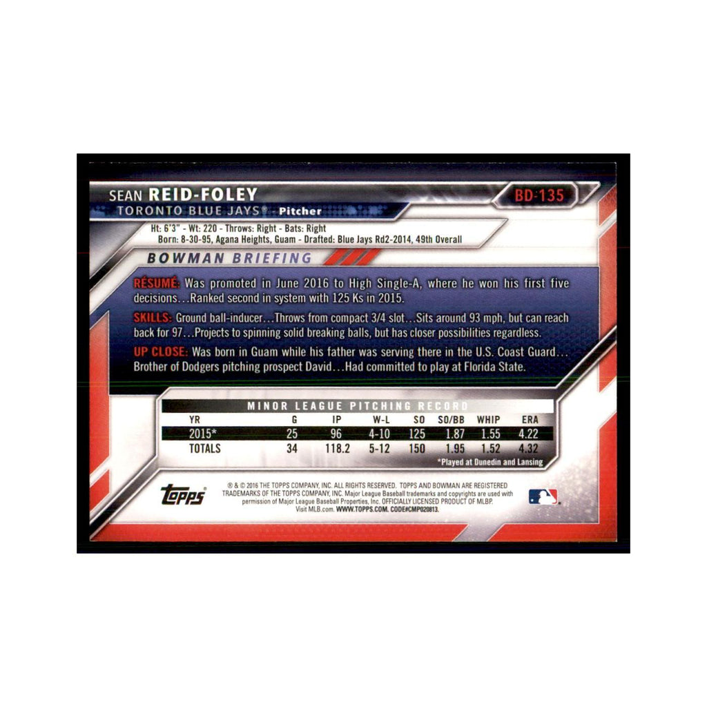 2016 Bowman Sean Reid-Foley Baseball Cards #BD-135