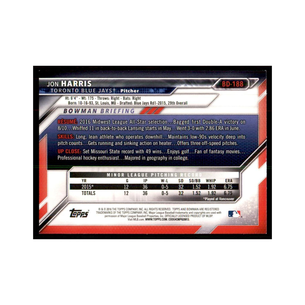 2016 Bowman Jon Harris Baseball Cards #BD-188