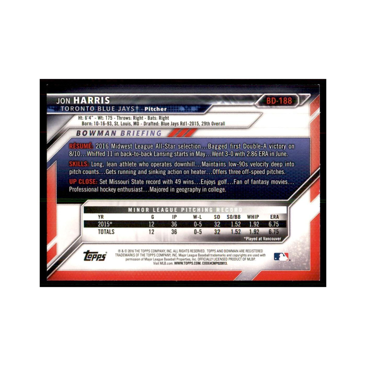 2016 Bowman Jon Harris Baseball Cards #BD-188