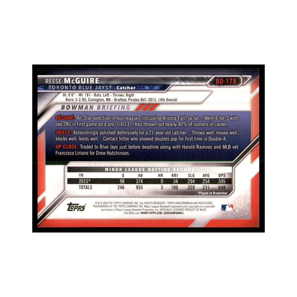 2016 Bowman Reese McGuire Baseball Cards #BD-178