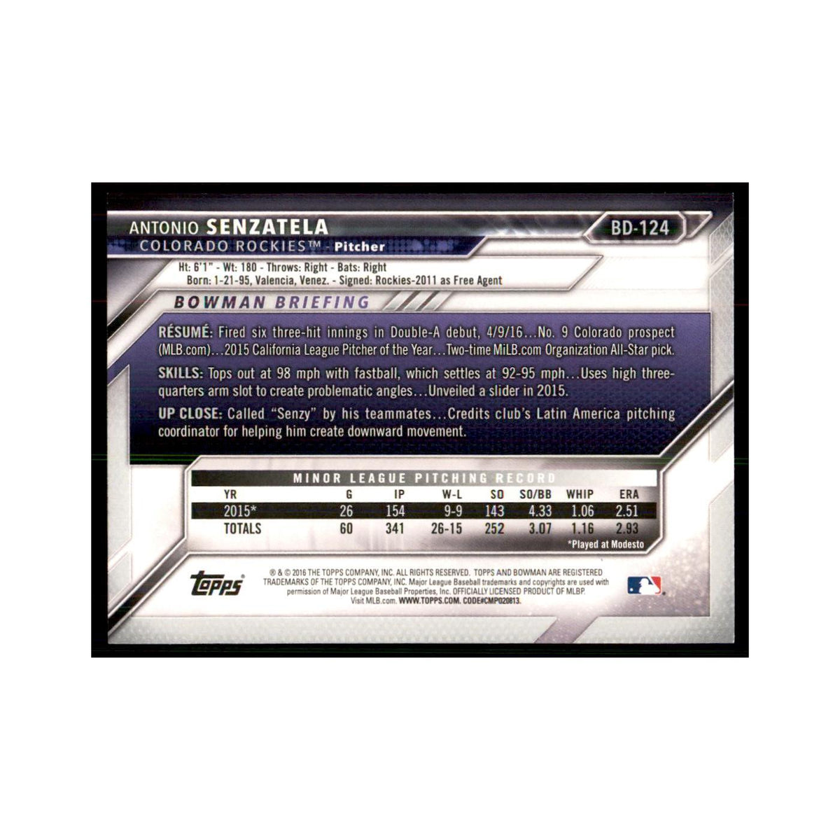 2016 Bowman Antonio Senzatela Baseball Cards #BD-124
