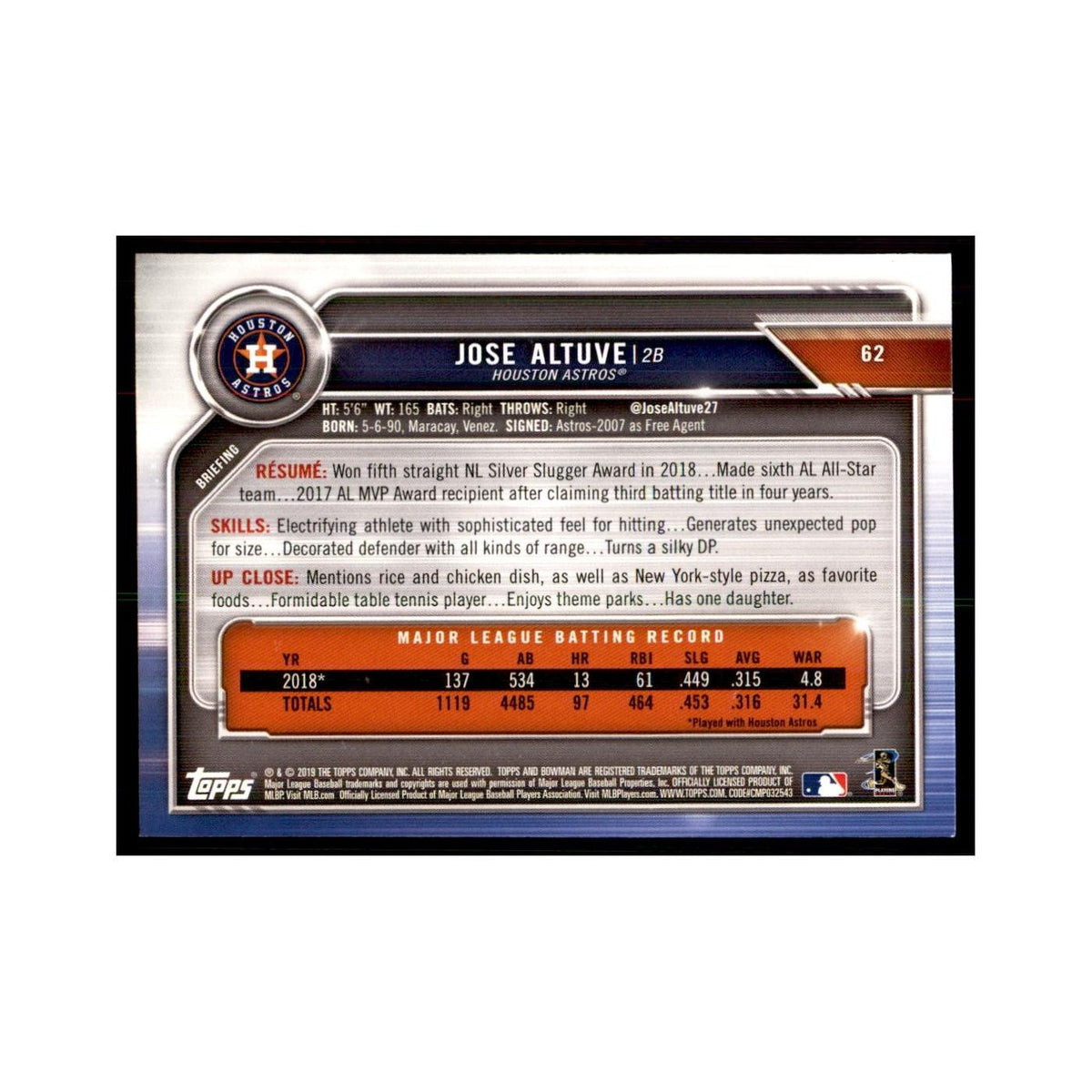 2019 Bowman Jose Altuve Baseball Cards #62