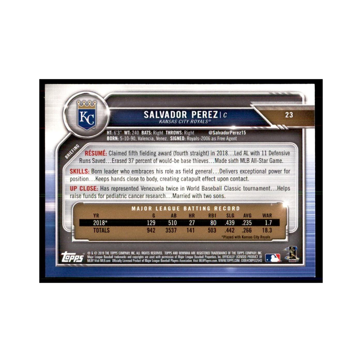 2019 Bowman Salvador Perez Baseball Cards #23