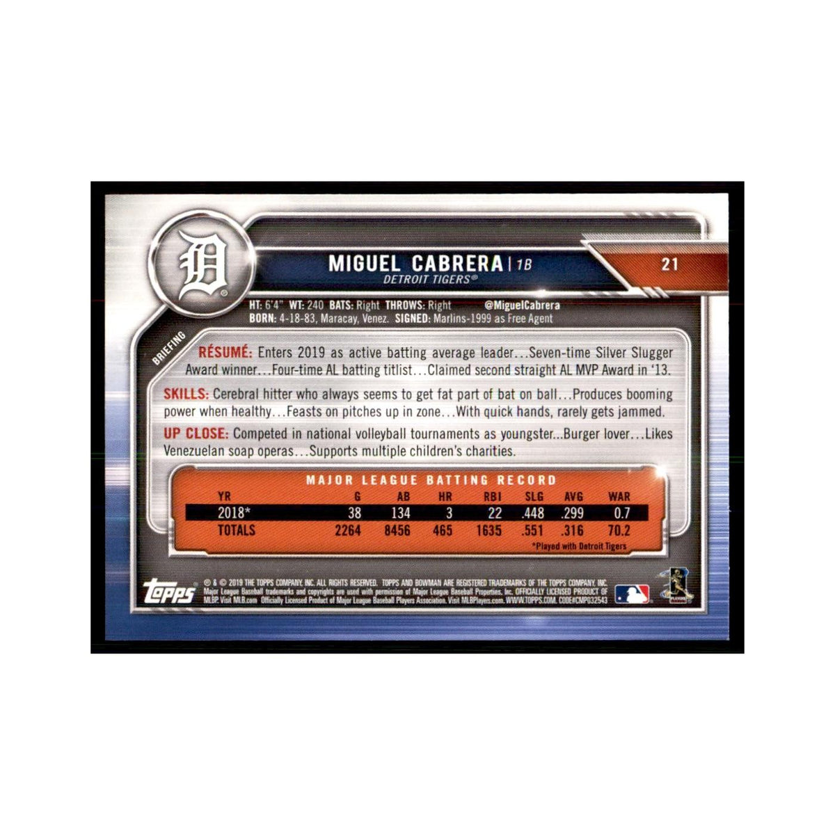 2019 Bowman Miguel Cabrera Baseball Cards #21
