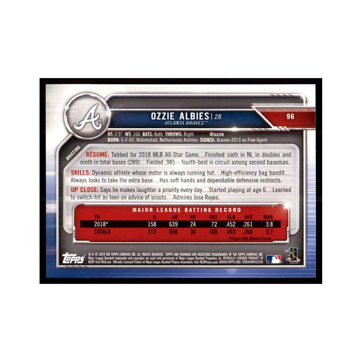 2019 Bowman Ozzie Albies Baseball Cards #96