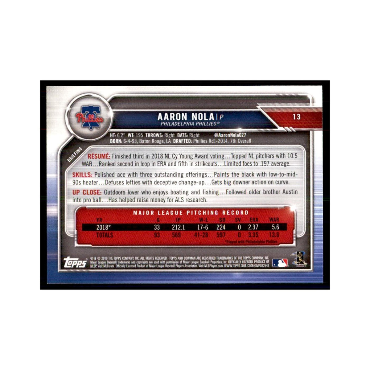 2019 Bowman Aaron Nola Baseball Cards #13