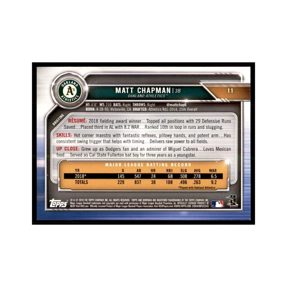 2019 Bowman: Matt Chapman Baseball Cards #11