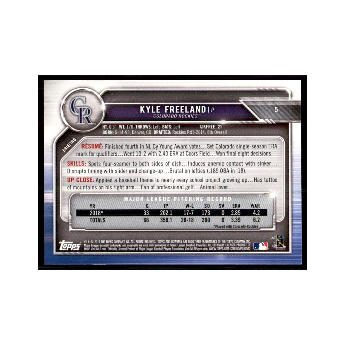 2019 Bowman Kyle Freeland Baseball Cards #5