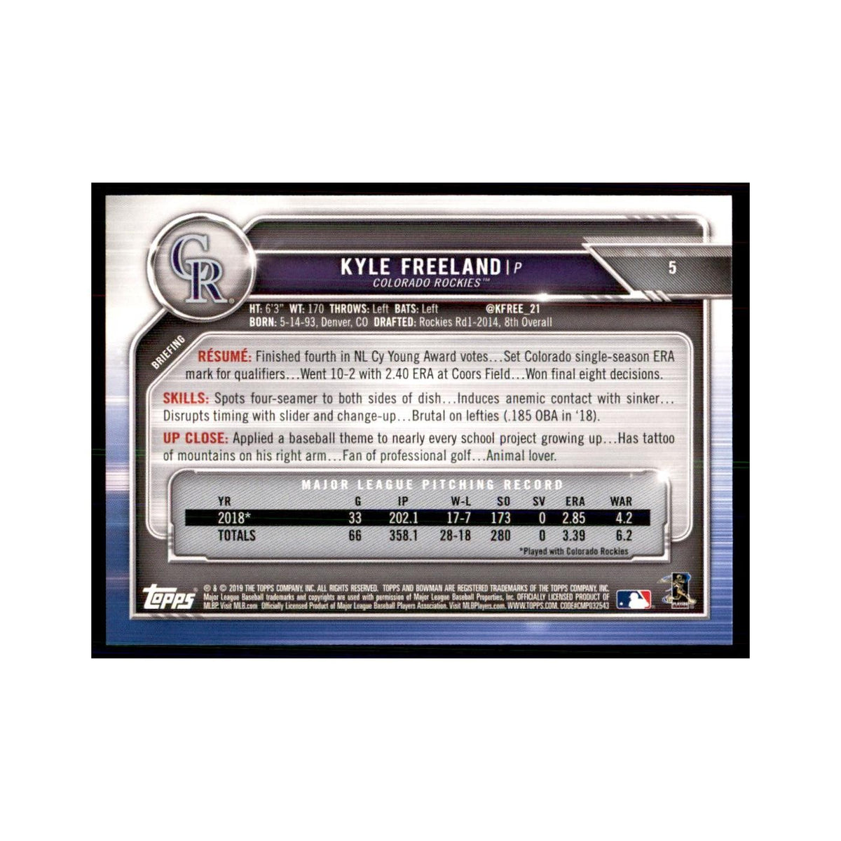 2019 Bowman Kyle Freeland Baseball Cards #5