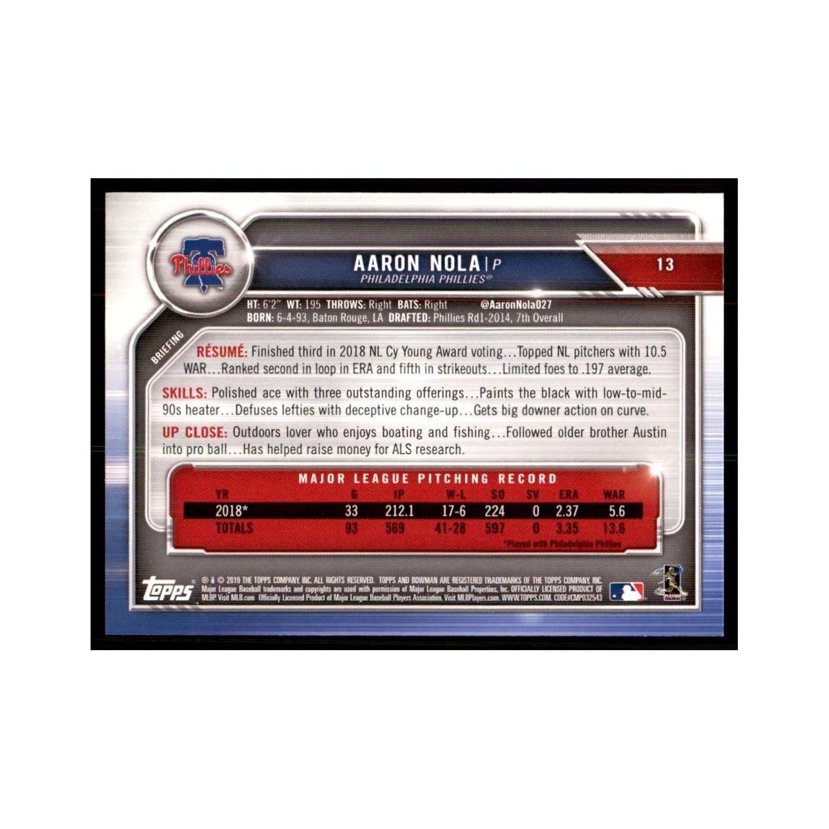 2019 Bowman Aaron Nola Baseball Cards #13
