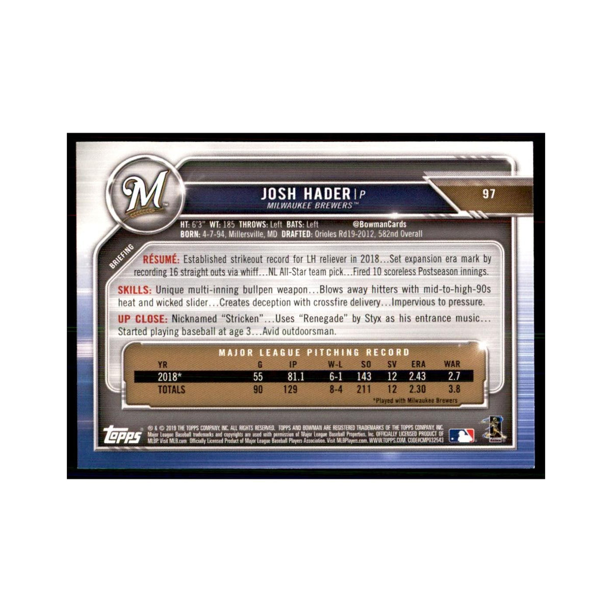 2019 Bowman Josh Hader Baseball Cards #97
