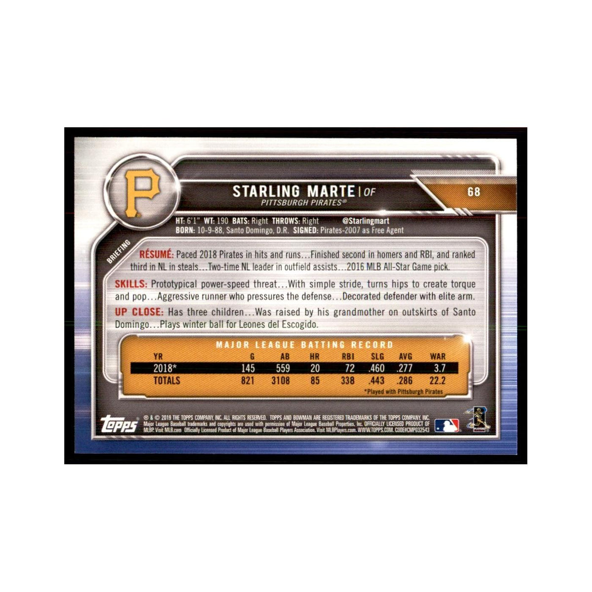 2019 Bowman Starling Marte Baseball Cards #68