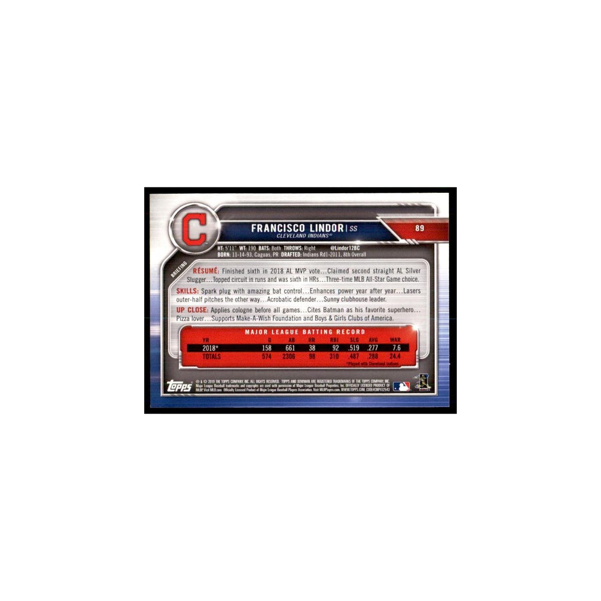 2019 Bowman. Francisco Lindor Baseball Cards #89