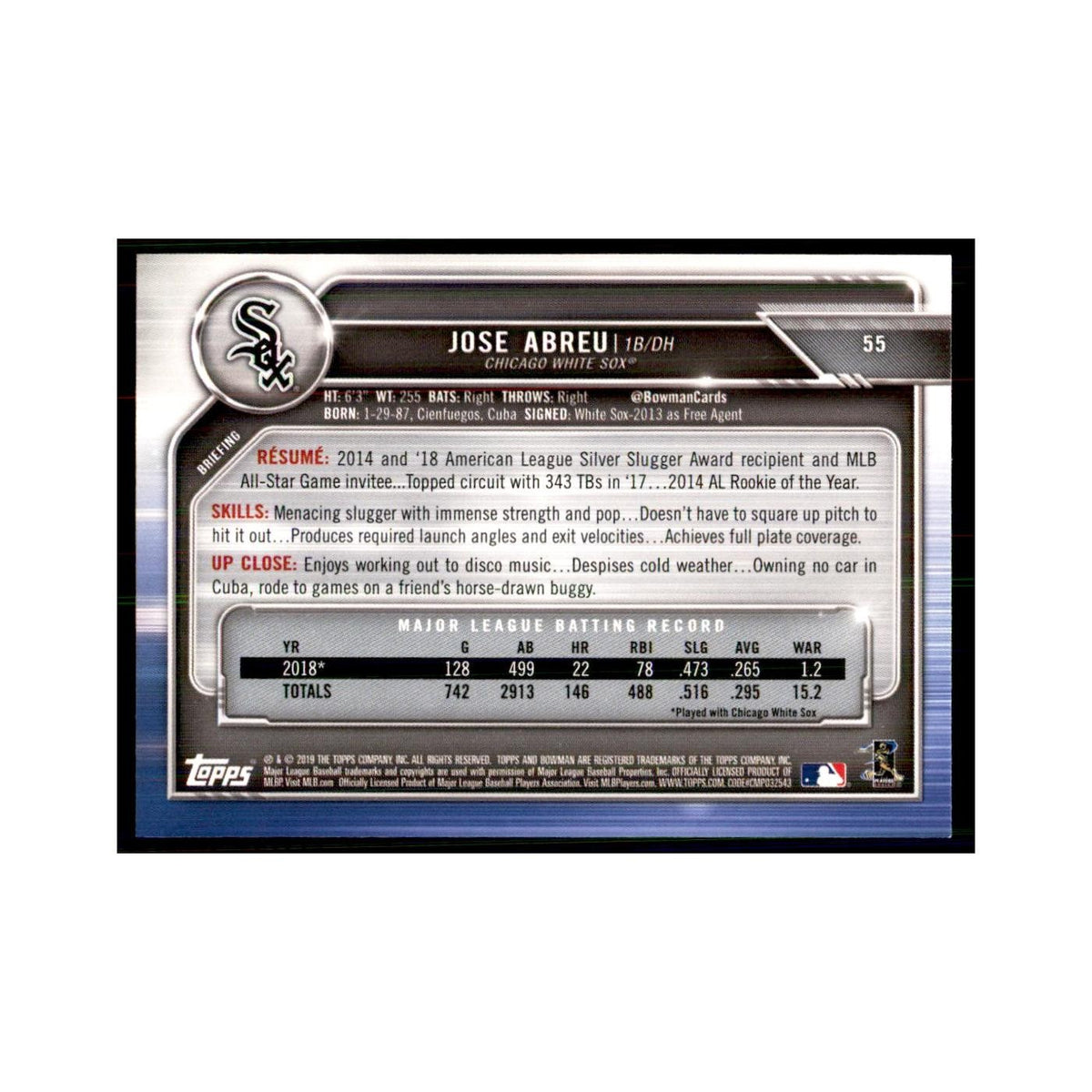 2019 Bowman. Jose Abreu Baseball Cards #55