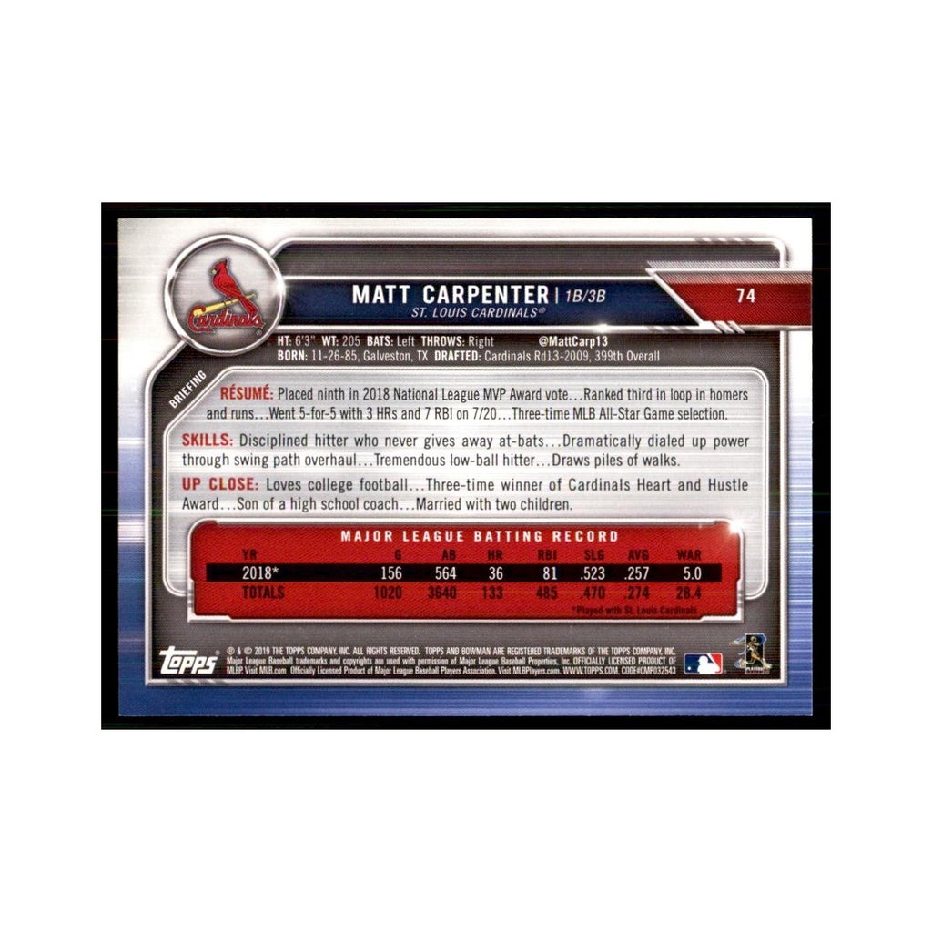 2019 Bowman. Matt Carpenter Baseball Cards #74