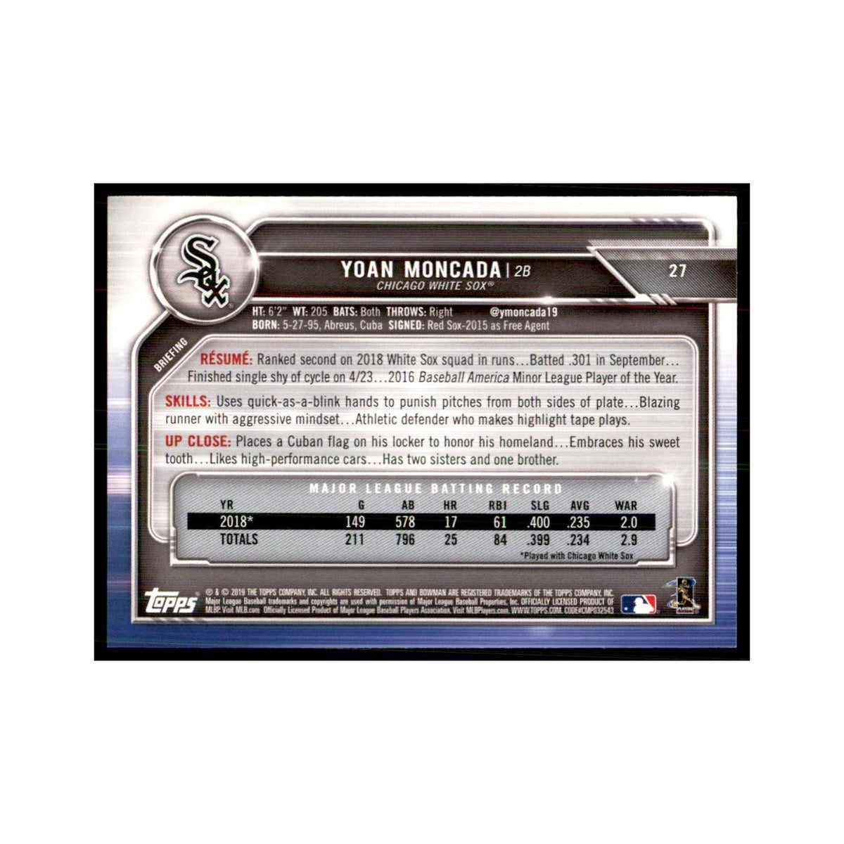 2019 Bowman. Yoan Moncada Baseball Cards #27