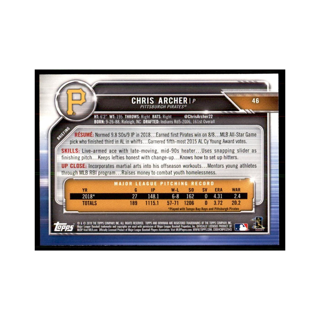 2019 Bowman. Chris Archer Baseball Cards #46