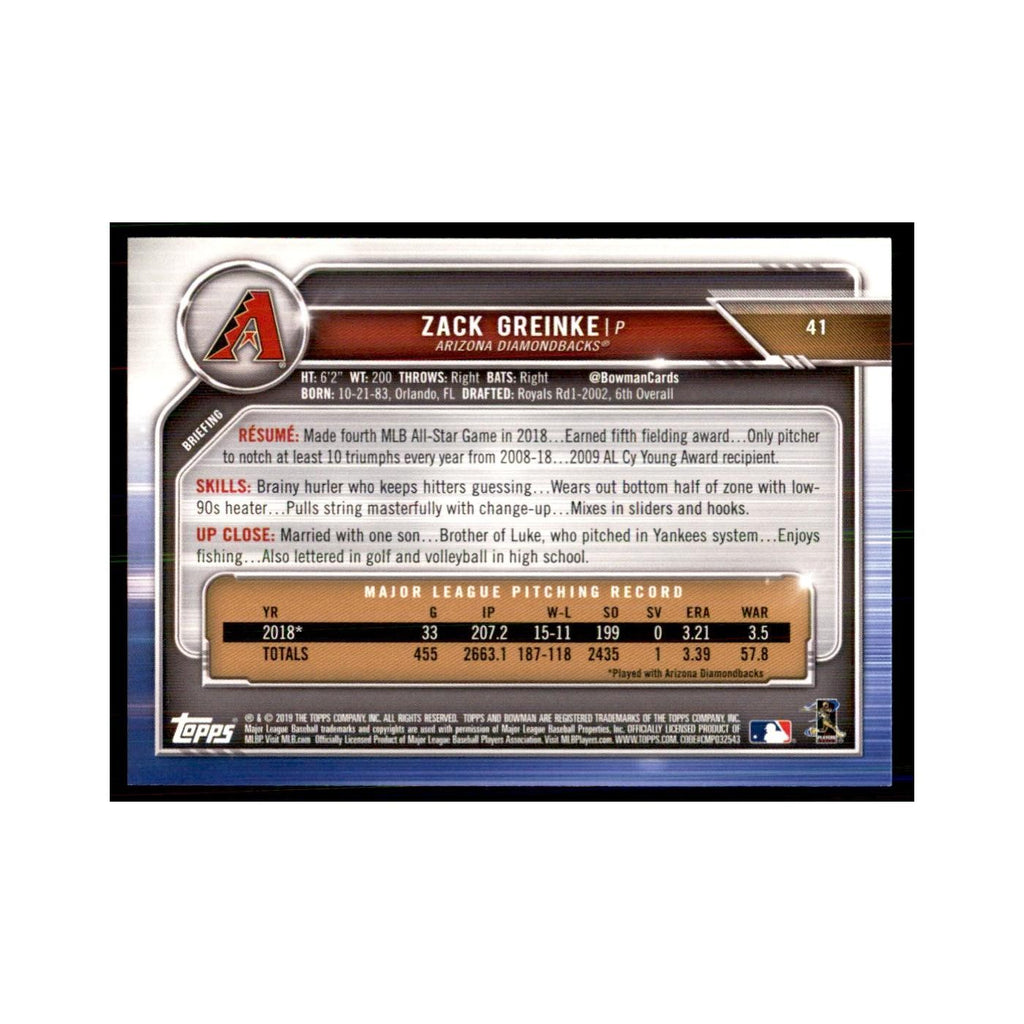 2019 Bowman. Zack Greinke Baseball Cards #41