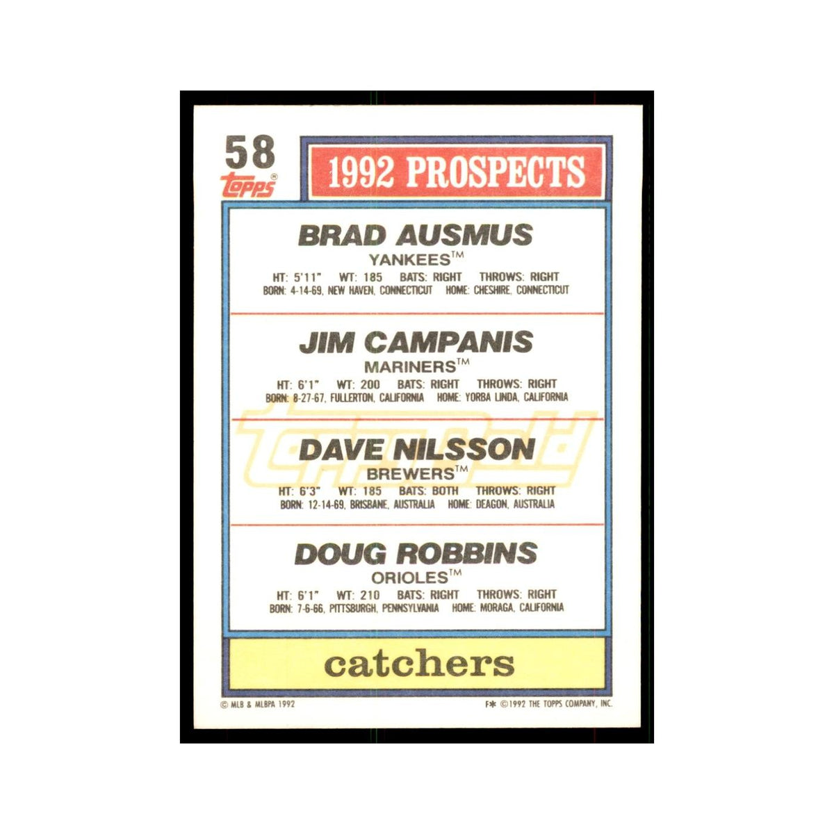 1992 Brad Ausmus Jim Campanis Dave Nilsson Doug Robbins Baseball Cards