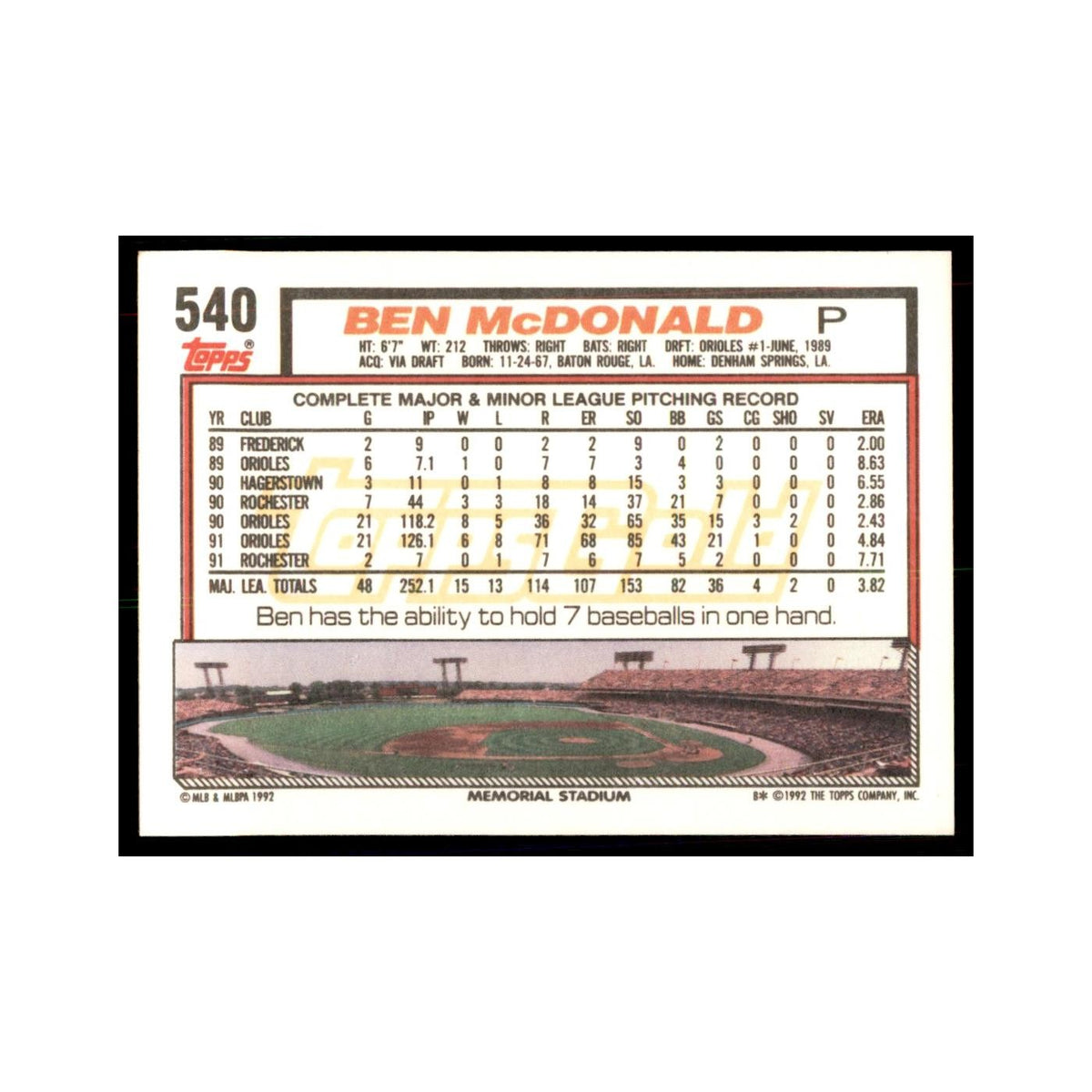 1992 Topps Gold Ben McDonald Baseball Cards #540
