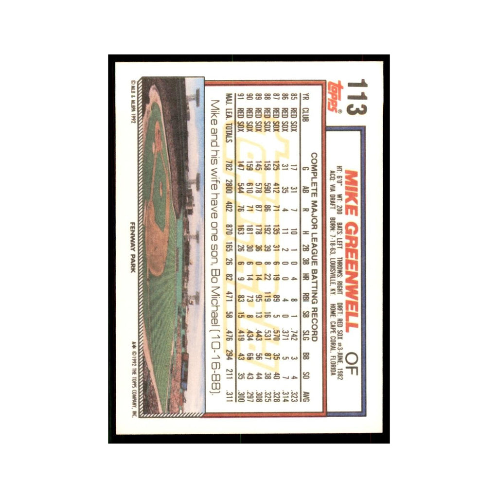 1992 Topps Gold Mike Greenwell Baseball Cards #113