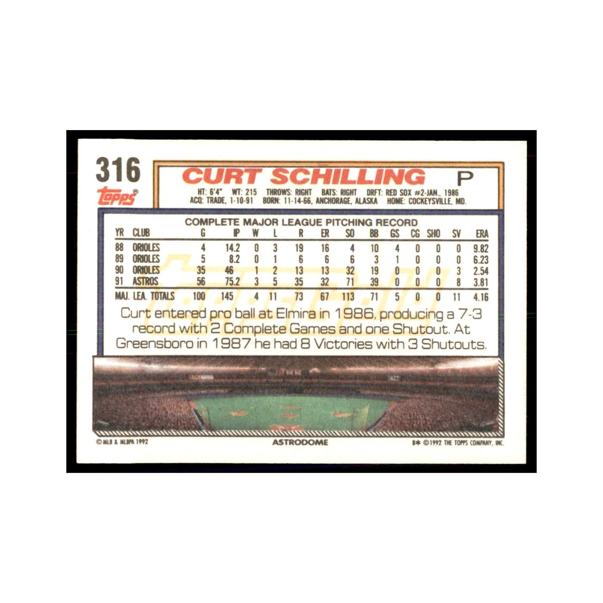 1992 Topps Gold Curt Schilling Baseball Cards #316