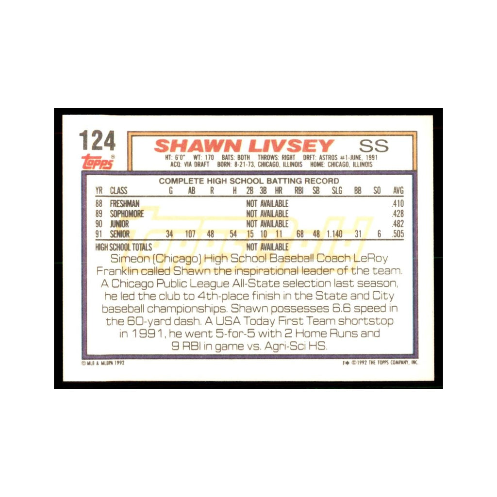 1992 Topps Gold Shawn Livsey Baseball Cards #124