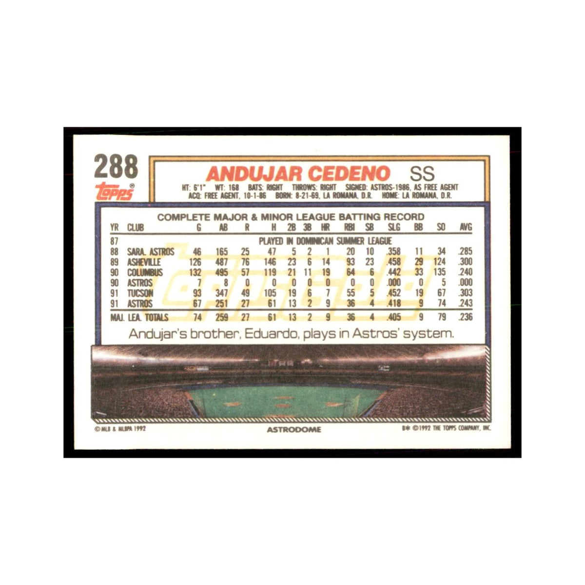 1992 Topps Gold Andujar Cedeno Baseball Cards #288