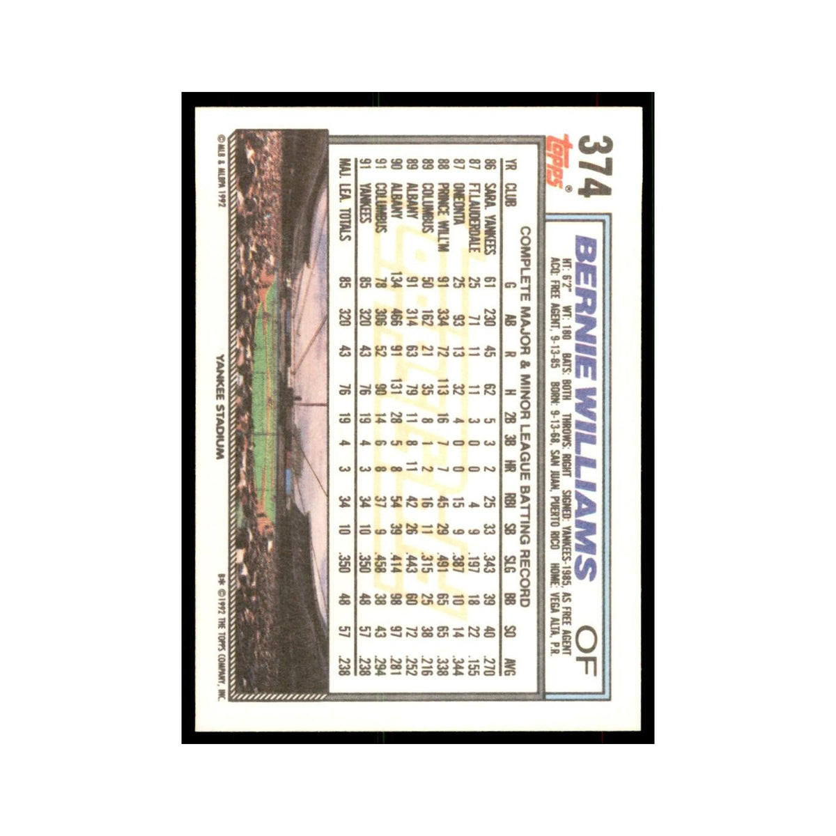 1992 Topps Gold Bernie Williams Baseball Cards #374