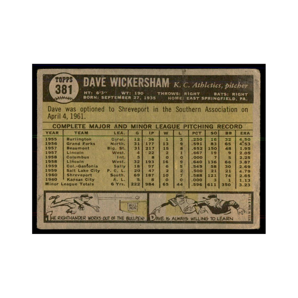 1961 Topps Dave Wickersham RC Kansas City Athletics #381