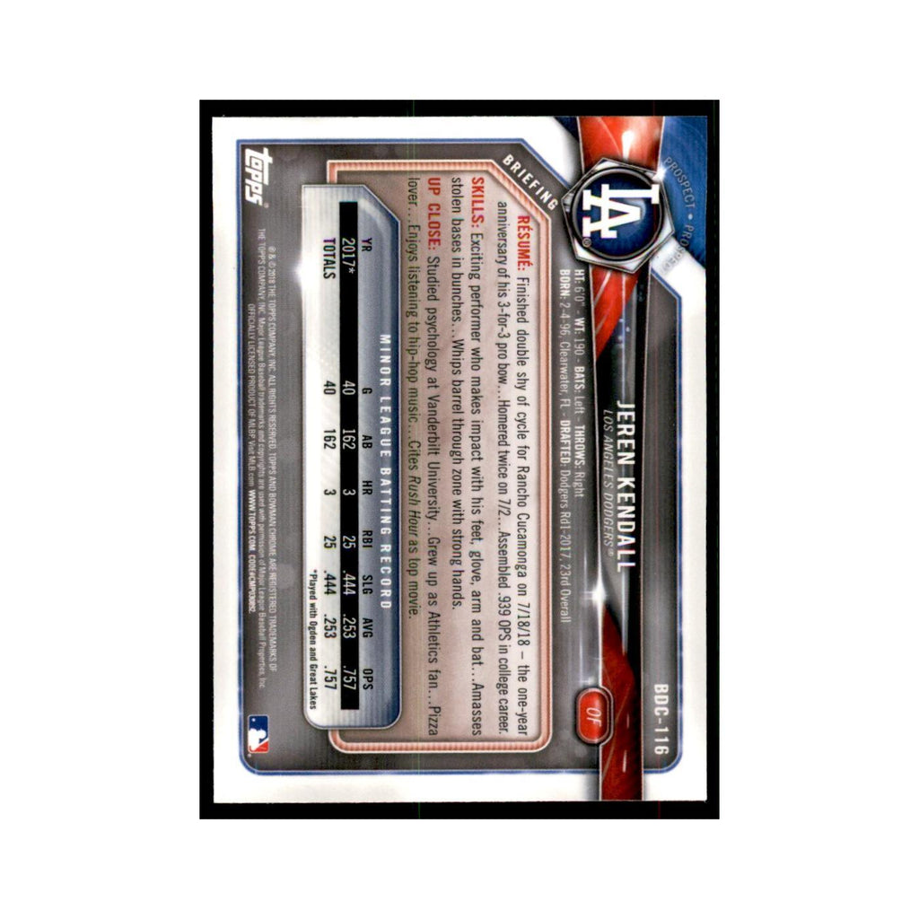 2018 Bowman Draft Chrome Jeren Kendall Dodgers #BDC-116