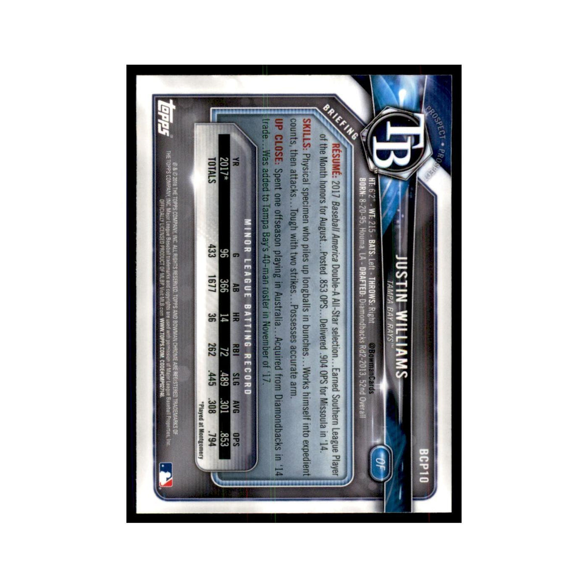 2018 Bowman Chrome Prospects Justin Williams Rays #BCP10