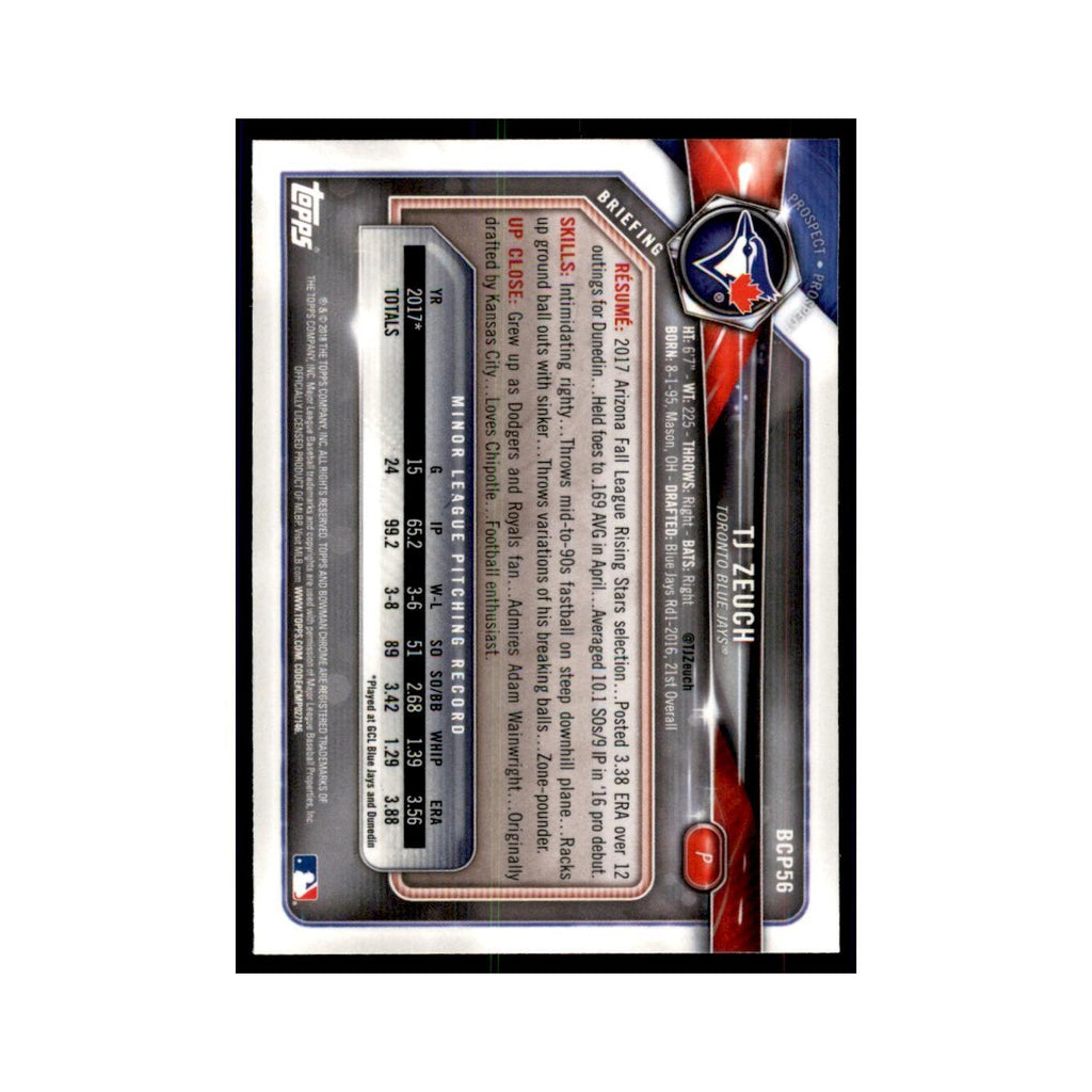 2018 Bowman Chrome Prospects T.J. Zeuch Blue Jays #BCP56