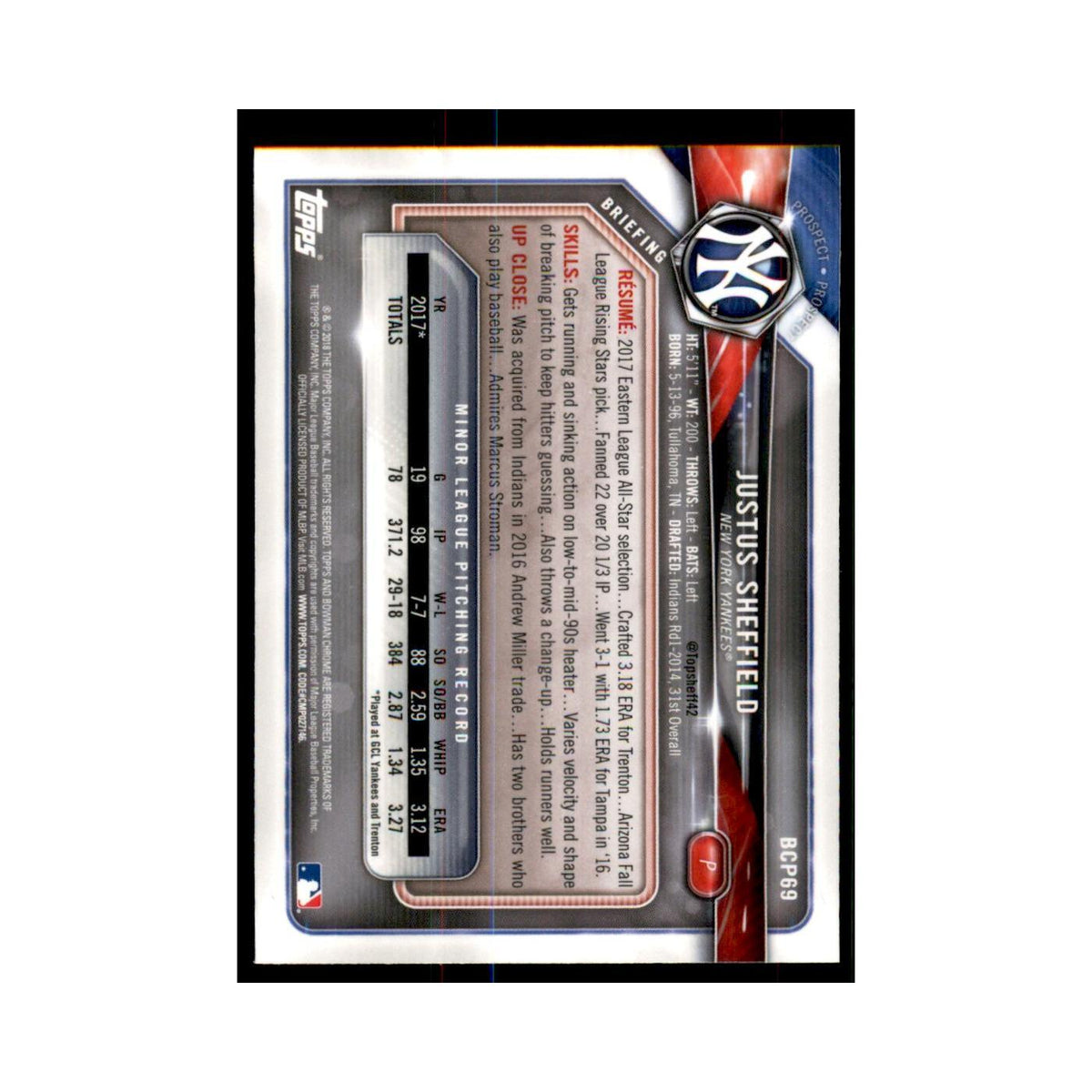 2018 Bowman Chrome Prospects Justus Sheffield Yankees #BCP69
