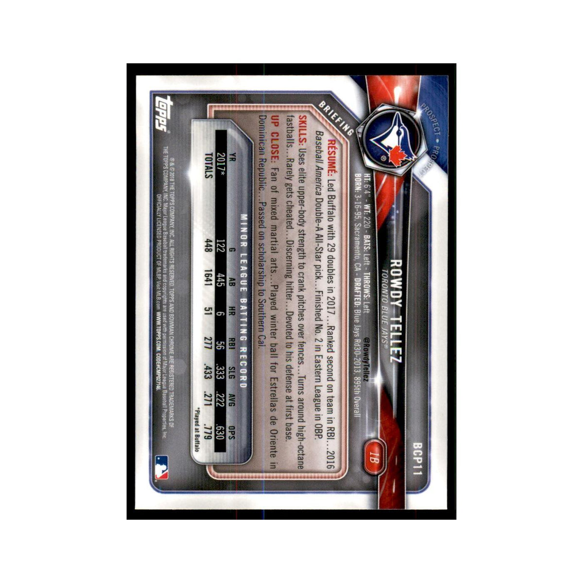 2018 Bowman Chrome Prospects Rowdy Tellez Blue Jays #BCP11