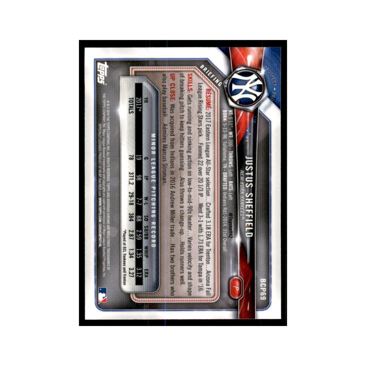 2018 Bowman Chrome Prospects Justus Sheffield Yankees #BCP69