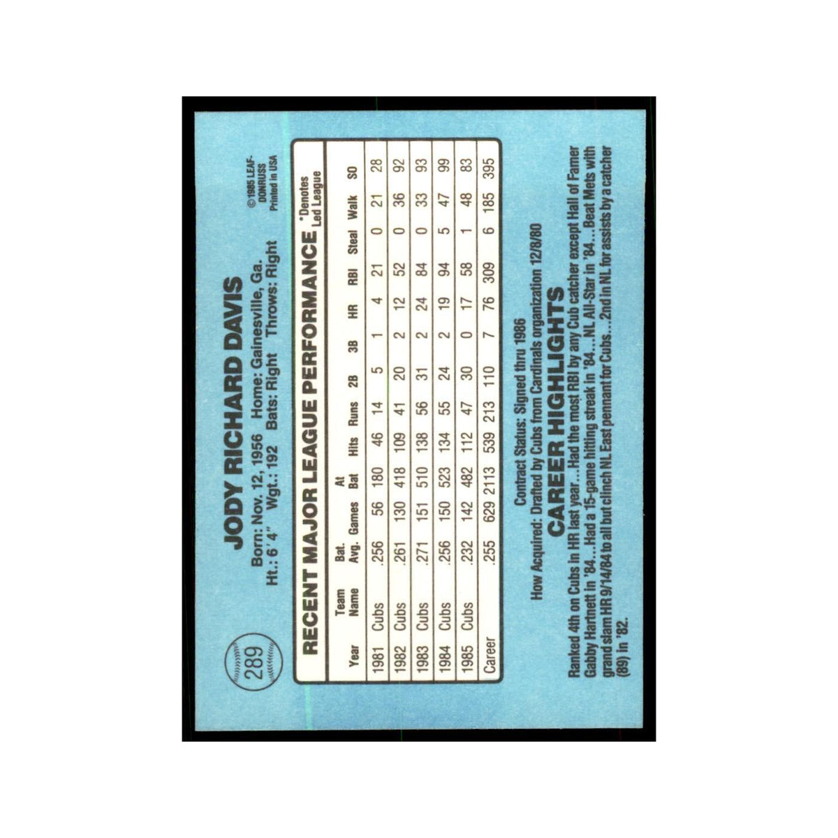 1986 Donruss Jody Davis Cubs #289