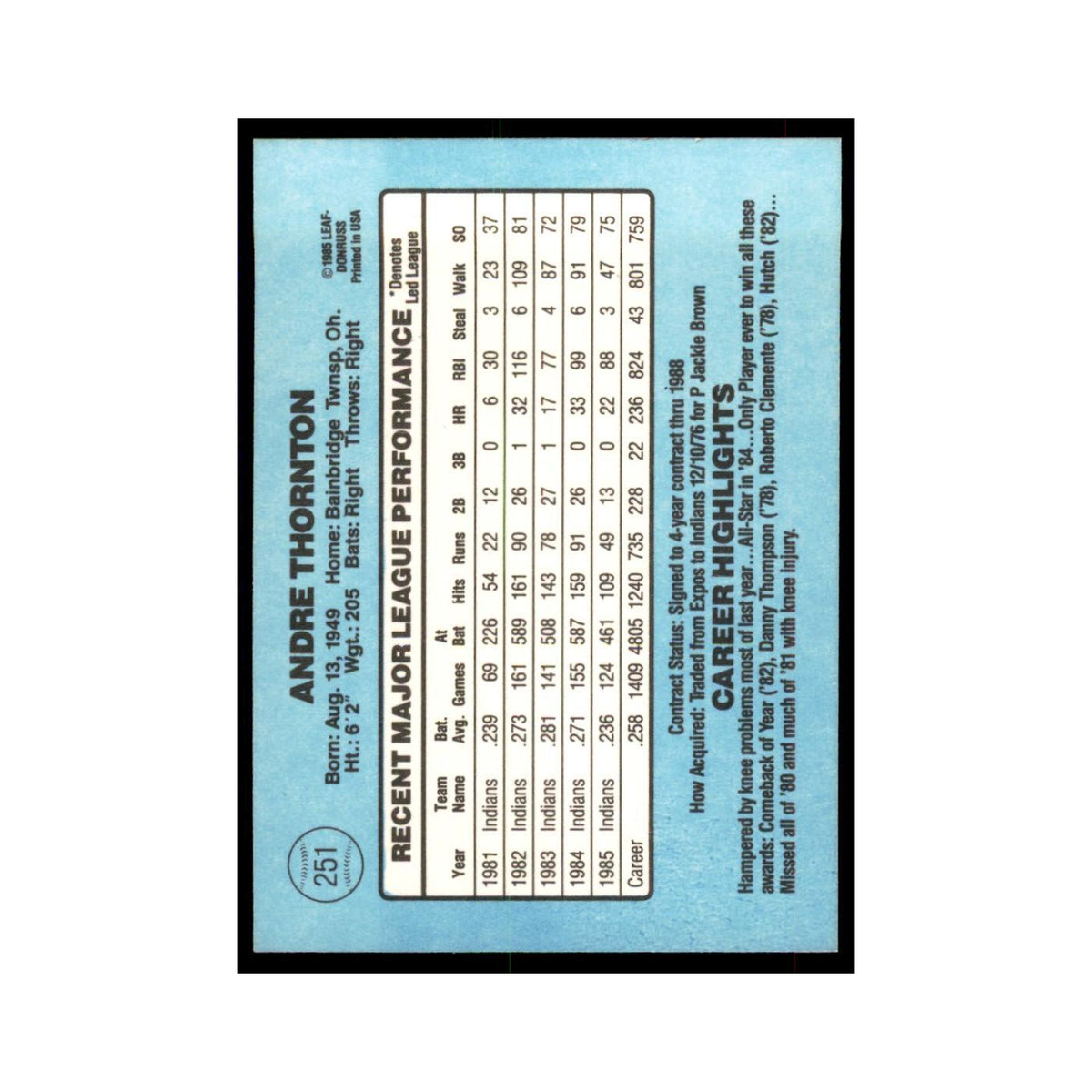 1986 Donruss Andre Thornton Indians #251