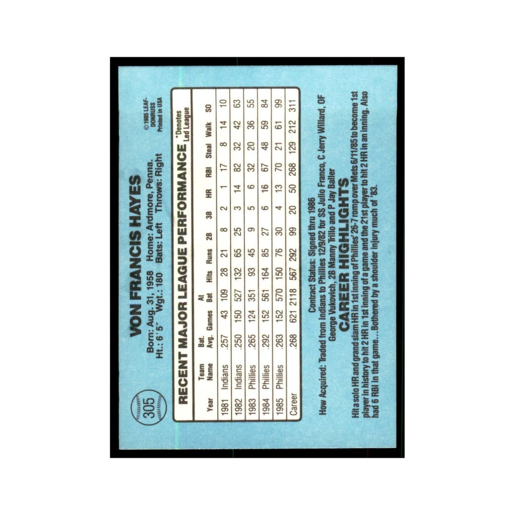 1986 Donruss Von Hayes Phillies #305