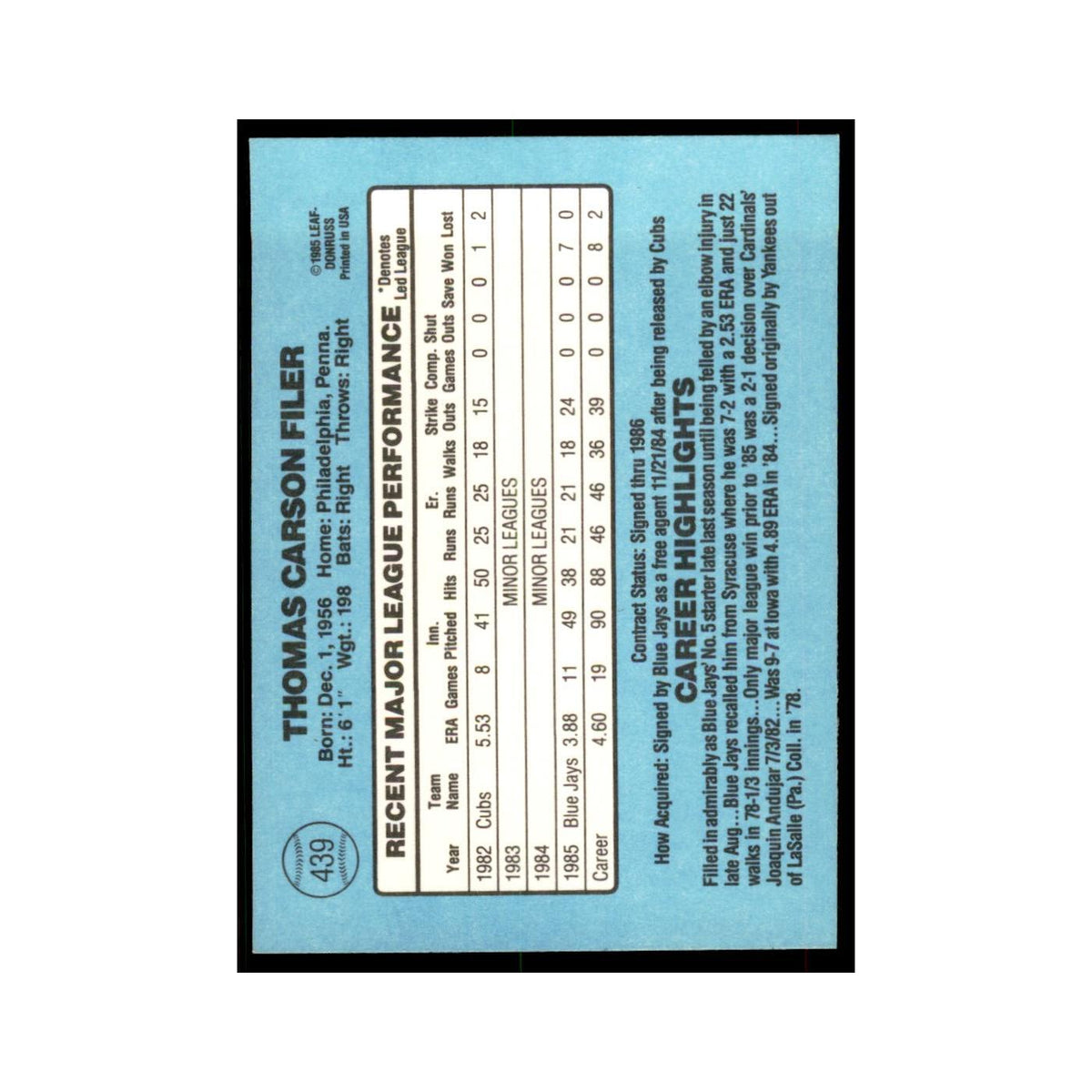 1986 Donruss Tom Filer Blue Jays #439